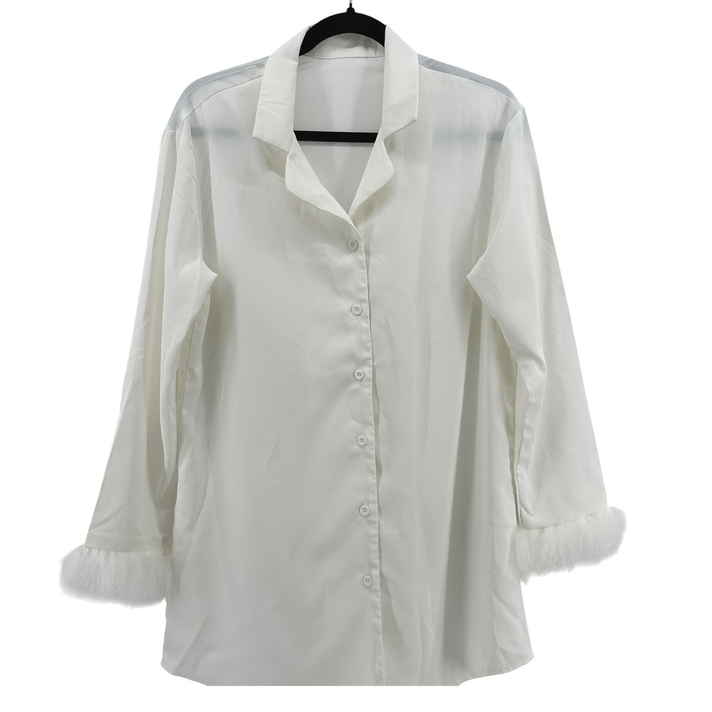 Womens White Faux‎ Feather Trim Pajama Sleep Shirt Button Down Sleepwear Top S